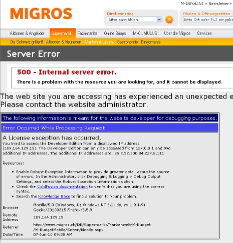 Migros - ColdFusion Error - Developer Lizenz