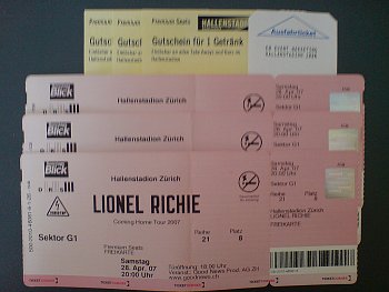 Tickets für das Lionel Richie-Konzert am 28.4.2007 im Hallenstadion Zürich