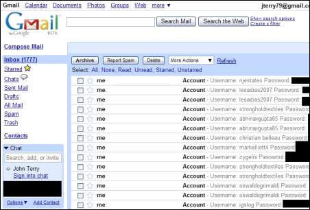 Screenshot Gmail: Username und Passwort via G-Archiver