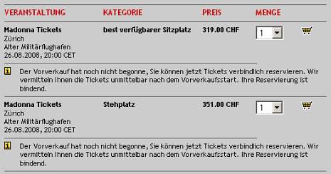 Verbindliche Reservierung Tickets Madonna Konzert in Dübendorf